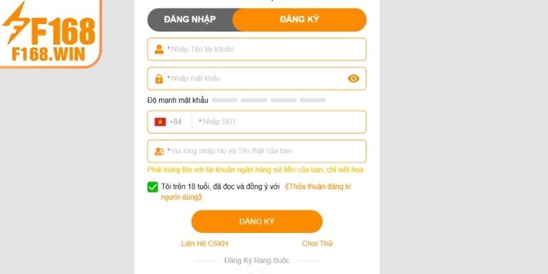 Nhập liệu thông tin theo yêu cầu đăng ký F168